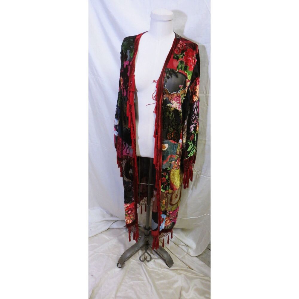 Chico’s Mandarin Tunic Multicolor Silk/ Rayon Tasseled Duster Style Sz M/L
